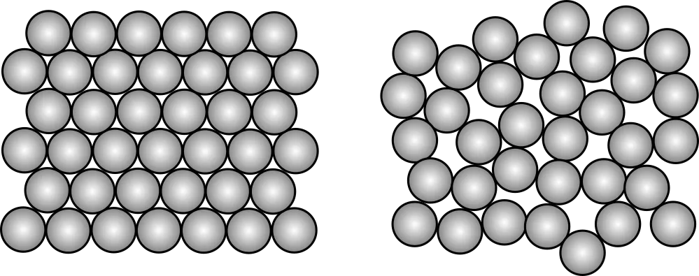 A regular packing of balls beside a disordered one.